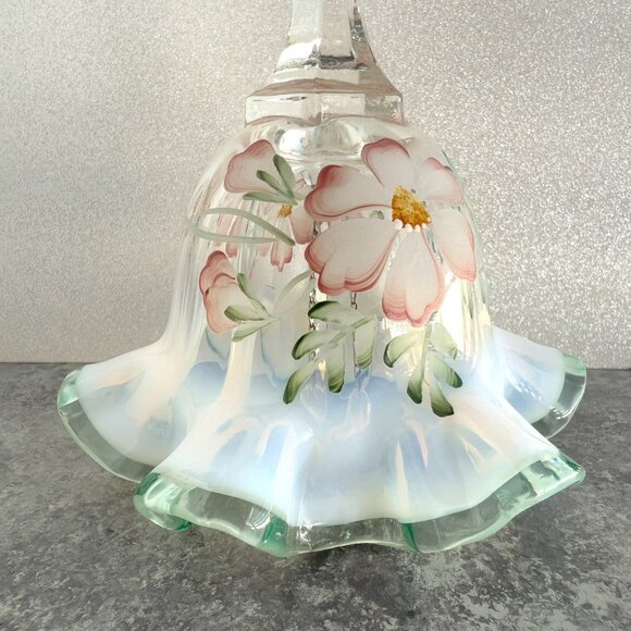 Fenton Opalescent Meadow Beauty Green Crest Hand-painted Bell 6.5” - Picture 2 of 6